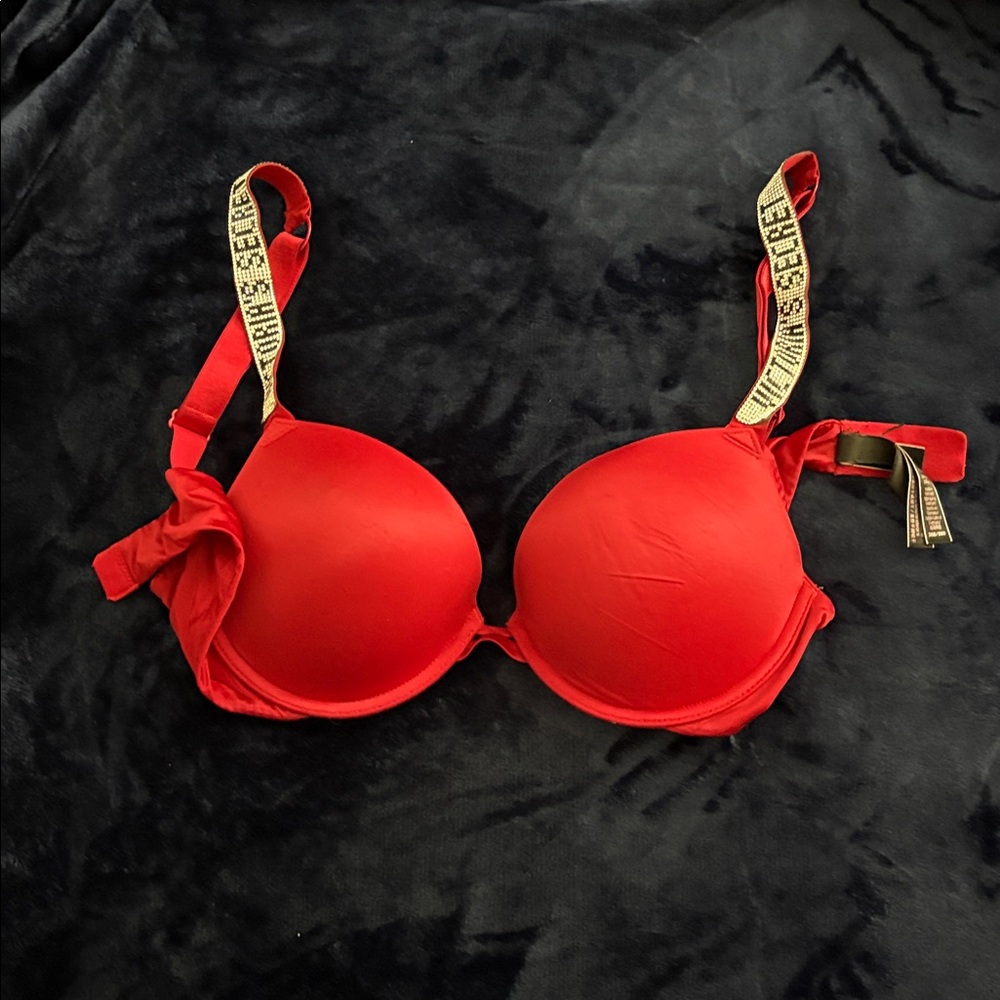 Red Victoria’s Secret Bra with shiny Victoria’s Secret Logo Straps